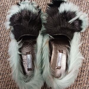 Prada Black and Mint Fur Slippers